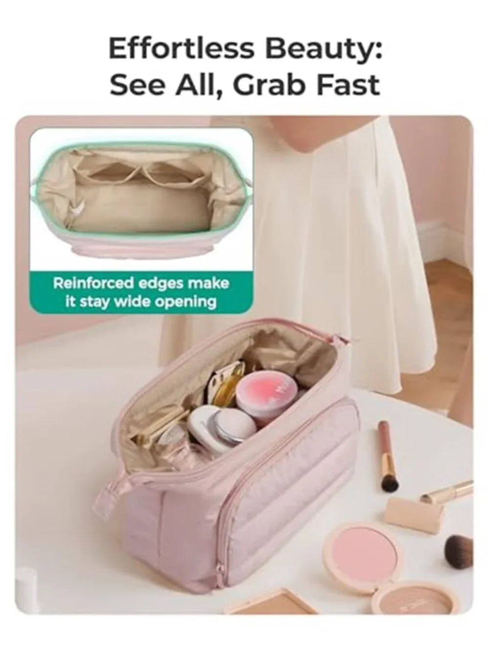 Large Makeup Bag Travel Cosmetic Organizer Wide Open Toiletries Pouch Dark Pink